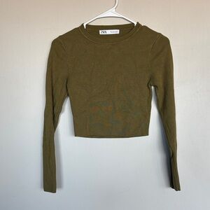 ZARA Olive Green Long Sleeve Cropped Knit Top Size M